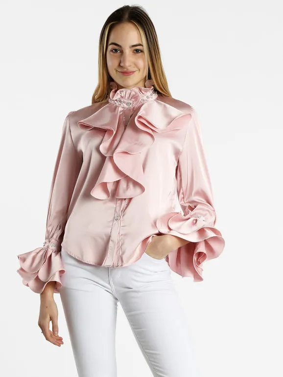 Azaka Elegante camisa de mujer efecto satinado con perlas y pedrería