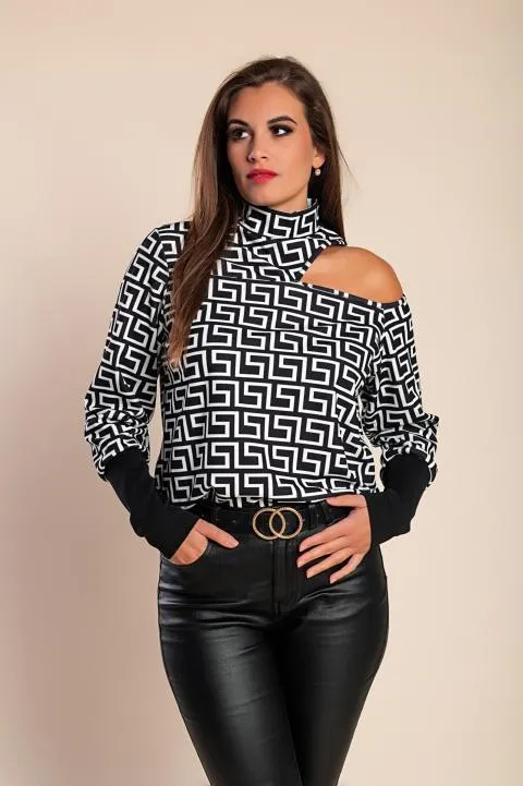 Camiseta elegante con estampado geométrico y escote Venitya, negra