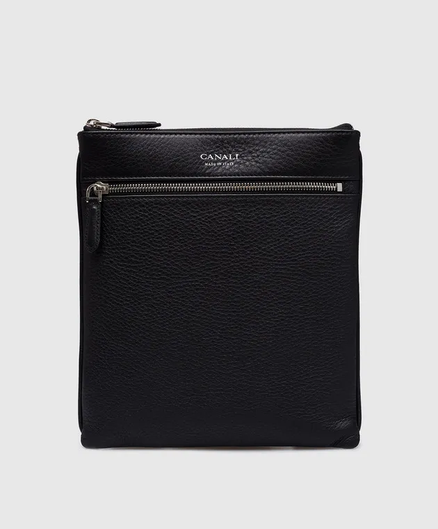 Canali Black leather tablet bag with logo