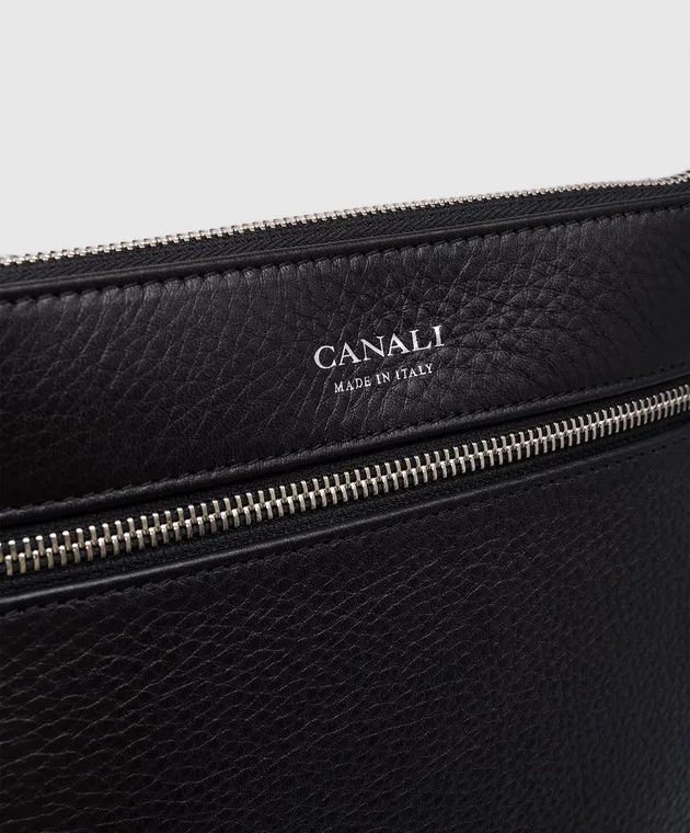 Canali Black leather tablet bag with logo