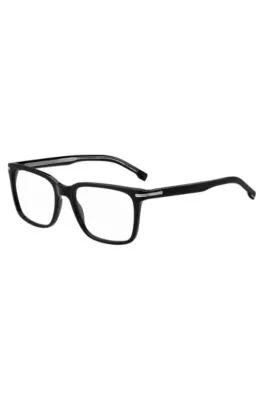 Montura para gafas graduadas de acetato negro con detalle metálico plateado de la marca