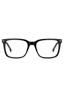 Montura para gafas graduadas de acetato negro con detalle metálico plateado de la marca