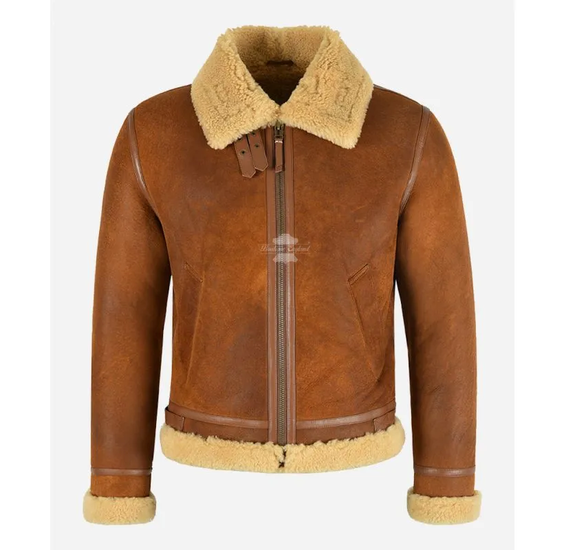 REAGAN B3 SHEEPSKIN JACKET Tan Vintage MEN'S SHEARLING FUR Pilot JACKET