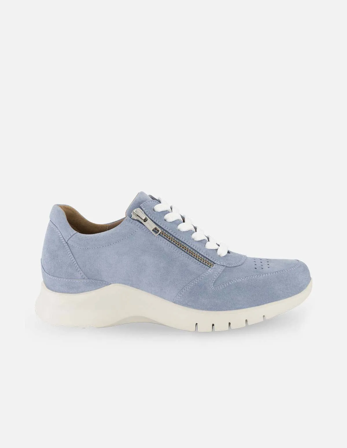 Tenis deportivo azul de piel ante color beige con detalle de cierre para mujer