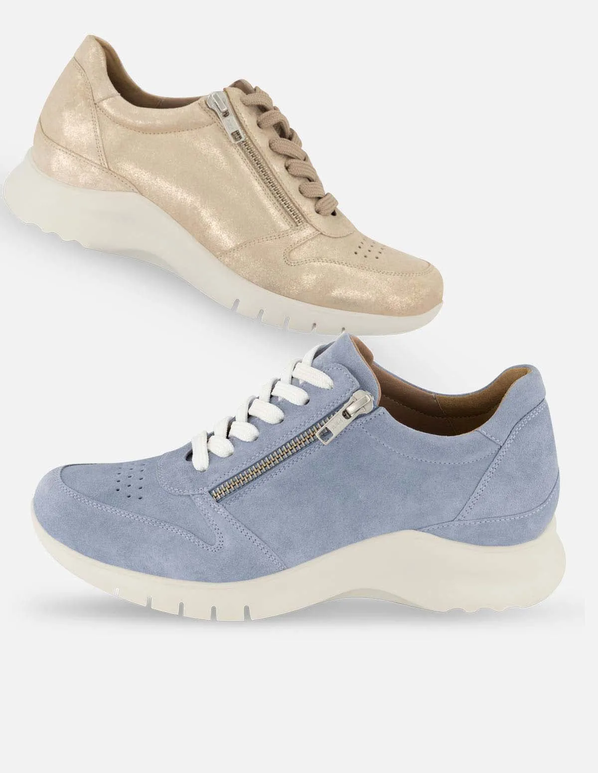 Tenis deportivo azul de piel ante color beige con detalle de cierre para mujer