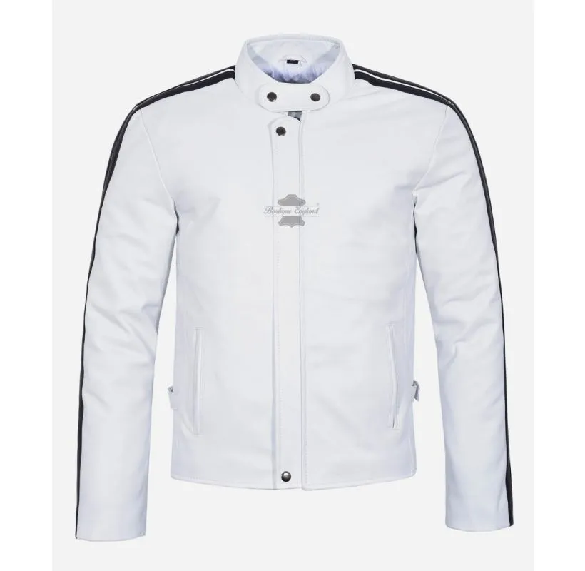 The White Men's Leather Jacket Classic Racer Fashion Jacket