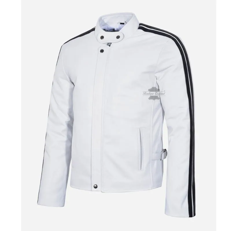 The White Men's Leather Jacket Classic Racer Fashion Jacket