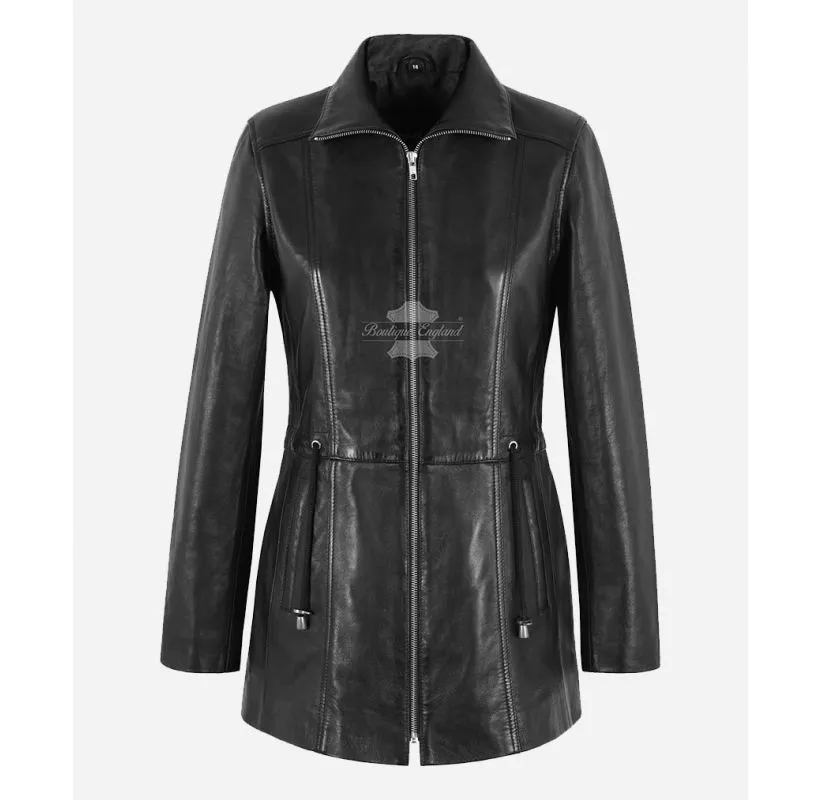 Timeless Trench Leather Coat Women Black Hip Length Leather Jacket