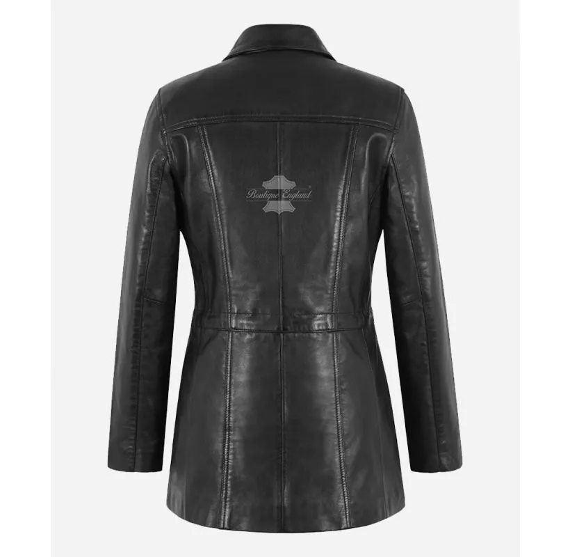 Timeless Trench Leather Coat Women Black Hip Length Leather Jacket