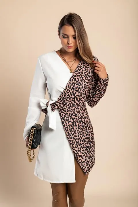 TÚNICA ELEGANTE CON ESTAMPADO DE LEOPARDO Y CINTAS PARA ANUDAR EN LA CINTURA KEELY, BLANCA