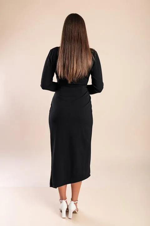 Vestido midi elegante con escote cruzado, volantes y mangas 3/4 Brynlee, negro